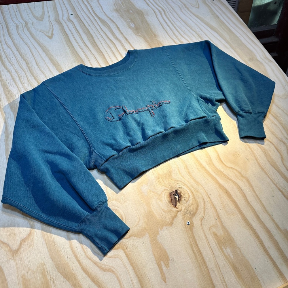 Champion Women Teal Blue Cropped Reverse Weave Embroidered Logo Sweatshirt